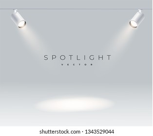 Spotlights with bright white light shining stage vector set. Illuminated effect form projector, illustration of projector for studio illumination eps 10