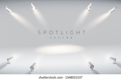 Spotlights with bright white light shining stage vector set. Illuminated effect form projector, illustration of projector for studio illumination eps 10