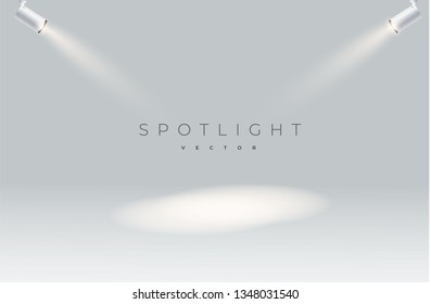 Spotlights with bright white light shining stage vector set. Illuminated effect form projector, illustration of projector for studio illumination eps 10