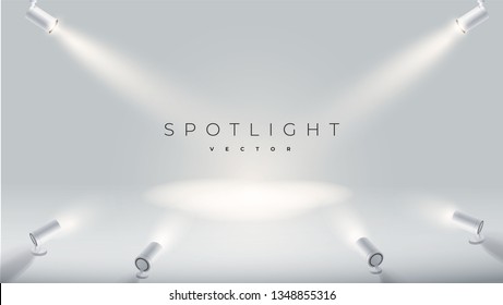 Spotlights with bright white light shining stage vector set. Illuminated effect form projector, illustration of projector for studio illumination eps 10