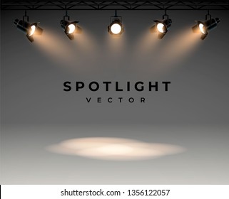 Spotlights with bright white light shining stage vector set. Illuminated effect form projector, illustration of projector for studio illumination