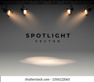 Spotlights with bright white light shining stage vector set. Illuminated effect form projector, illustration of projector for studio illumination