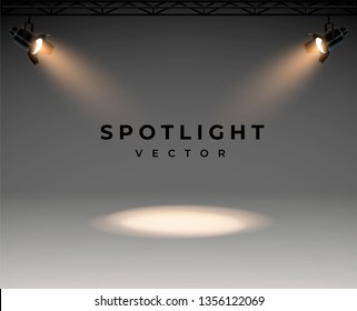 Spotlights with bright white light shining stage vector set. Illuminated effect form projector, illustration of projector for studio illumination