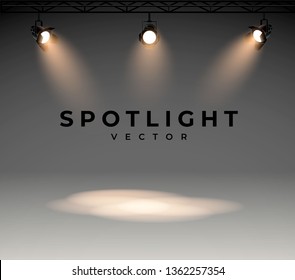 Spotlights with bright white light shining stage vector set. Illuminated effect form projector, illustration of projector for studio illumination