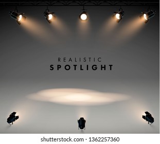 Spotlights with bright white light shining stage vector set. Illuminated effect form projector, illustration of projector for studio illumination