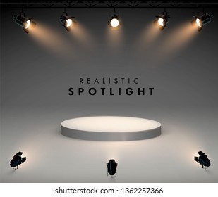 Spotlights with bright white light shining stage vector set. Illuminated effect form projector, illustration of projector for studio illumination