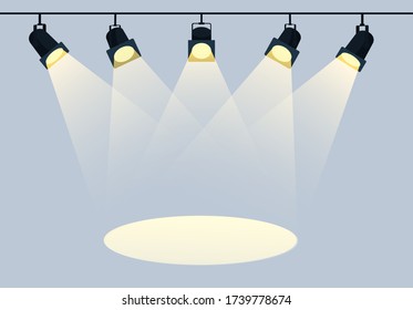 Spotlights with bright white light shining stage vector set. Illuminated effect form projector, illustration of projector for studio illumination eps 10