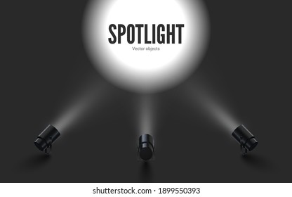 Spotlights with bright white light shining. Collections projectors with Illuminated effect . Set of projector for studio. Vector illustration