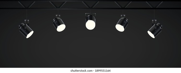 Spotlights with bright white light shining stage. Collections projectors with Illuminated effect . Set of projector for studio. Vector illustration