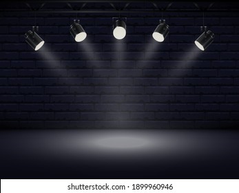 Spotlights with bright white light shining stage. Collections projectors with Illuminated effect . Set of projector for studio with brick wall. Vector illustration