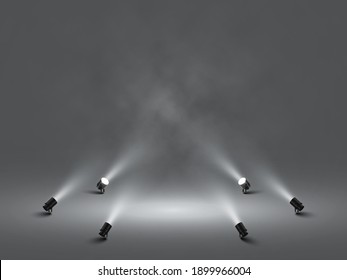 Spotlights with bright white light shining stage. Illuminated effect projector. Illustration of projector for studio. Vector illustration - Shutterstock ID 1899966004