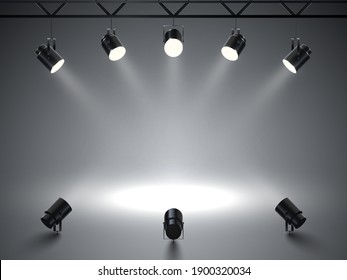 Spotlights with bright white light shining stage. Illuminated effect projector. Illustration of projector for studio. Vector illustration
