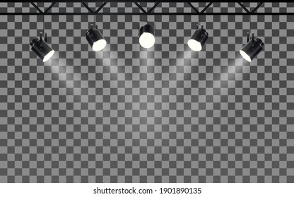 Spotlights with bright white light shining stage. Collections projectors with Illuminated effect . Set of projector for studio on transperent background. Vector illustration