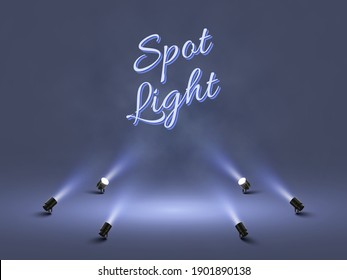 Luces focales con un brillante escenario de luz blanca. Proyector de efecto iluminado. Ilustración del proyector para estudio. Ilustración del vector