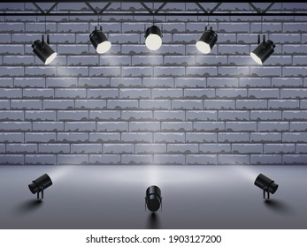 Spotlights with bright white light shining stage. Collections projectors with Illuminated effect . Set of projector for studio with brick wall. Vector illustration