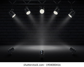 Spotlights with bright white light shining stage. Collections projectors with Illuminated effect . Set of projector for studio with brick wall. Vector illustration