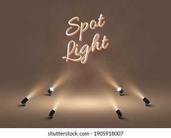 Spotlights with bright white light shining stage. Illuminated effect projector. Illustration of projector for studio. Vector illustration