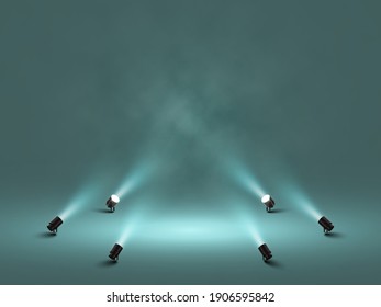 Spotlights with bright white light shining stage. Illuminated effect projector. Illustration of projector for studio. Vector illustration - Shutterstock ID 1906595842