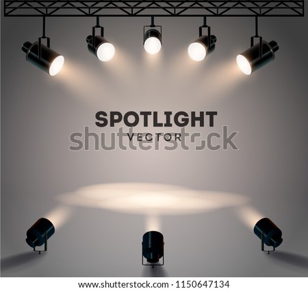 Spotlights with bright white light shining stage vector set. Illuminated effect form projector, illustration of projector for studio illumination eps 10