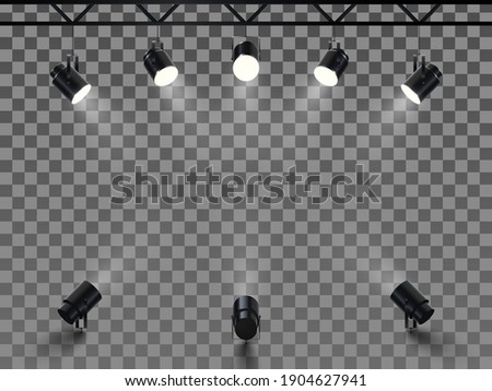 Spotlights with bright white light shining stage. Collections projectors with Illuminated effect . Set of projector for studio on transperent background. Vector illustration
