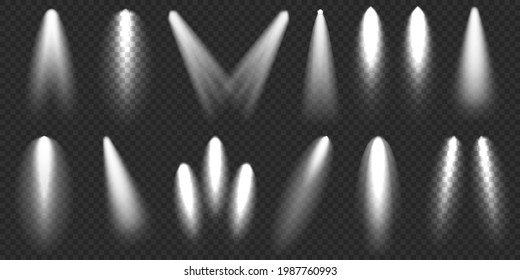 Spotlights collection. Bright light beam. Transparent realistic effect. Stage lighting. Glowing light rays. Vector illustration.