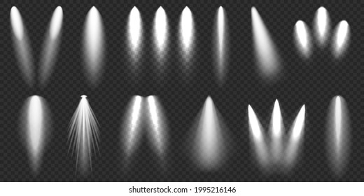 Colección Spotlights. Rayo luminoso. Efecto realista transparente. Iluminación escénica. Rayos de luz brillantes. Ilustración vectorial.