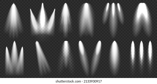 Spotlights collection. Bright light beam. Transparent realistic effect. Stage lighting. Glowing light rays. Vector illustration.