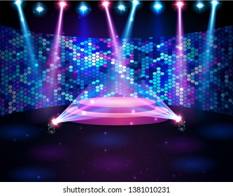 Spotlights & empty scene. Illuminated design. Vector illustration