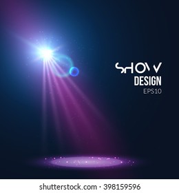 Spotlights empty scene. Illuminated stage design. Show theater background with lights special effect.