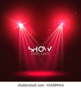 Spotlights empty scene. Illuminated stage design. Show background with lights special effect.