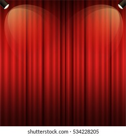 Spotlights & empty scene red curtain. vector design.