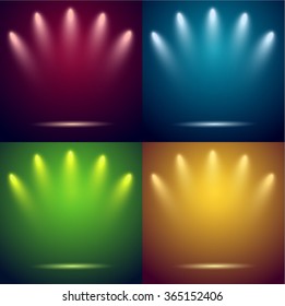 Spotlights & empty stages. Four backgrounds. Vector illustration.