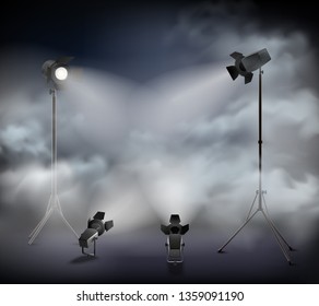 Spotlights in fog special theatrical   atmospheric effects with clouds mist haze smoke light realistic image vector illustration