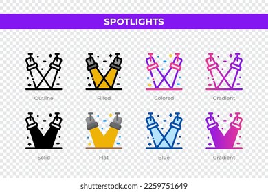 Spotlights icons in different style. Spotlights icons set. Holiday symbol. Different style icons set. Vector illustration