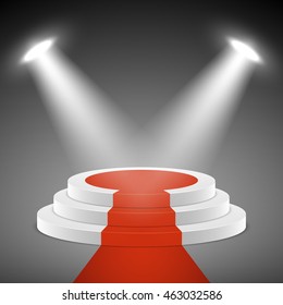 Spotlights illuminate stage pedestal with red carpet. Award ceremony vector concept background