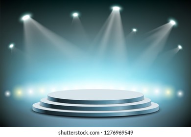 Spotlights illuminates a round stage. Vector stock illustration.