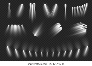 Spotlights and illumination for stadium or arena, realistic illustration collection. Bright lights and glowing for focus and attention. Projectors for stage or special even show occasion