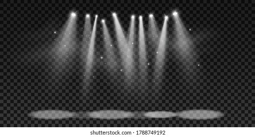 Spotlights isolated on a dark transparent background. Elements for show and stage. Party background. Night disco. Vector illustration. EPS 10.