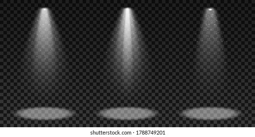 Spotlights einzeln auf dunkeltransparentem Hintergrund. Eine Reihe von Lichteffekten. Elemente für Show und Bühne. Glühende Partikel. Vektorgrafik. EPS10.