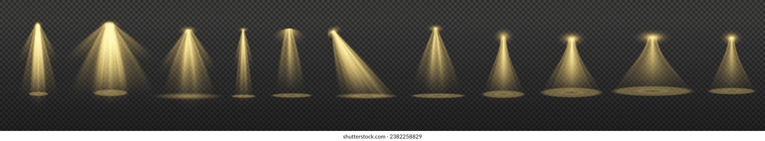 Spotlights isolated on transparent background. Vector glowing light effect with golden beams and beams. The light of the star shines from the sun in yellow.