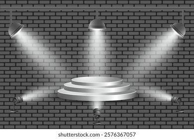 Spotlights on a brick background. Round podium for stage, concerts. Vector illustrations. Eps 10.