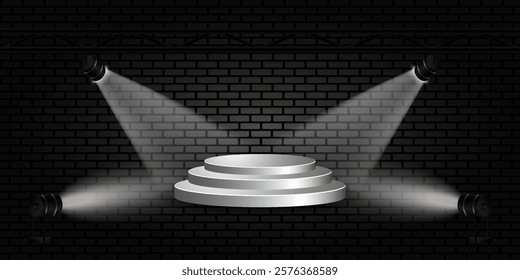 Spotlights on a brick background. Round silver podium for stage, concerts. Vector illustrations. Eps 10.