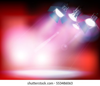 Spotlights on red background. Vector illustration.