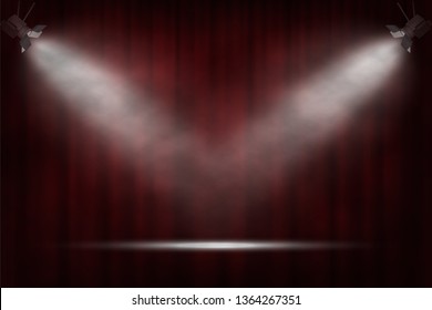 Spotlights on red curtain background. Vector cinema, theater or circus background