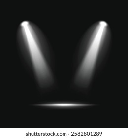 Spotlights on stage create dramatic lighting. Two bright spotlights illuminate the dark stage. Stage lighting enhances the theatrical atmosphere. Light effect vector.