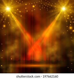 Spotlights on stage curtain with smoke & light. Vector illustration.