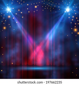 Spotlights on stage curtain with smoke & light. Vector illustration.