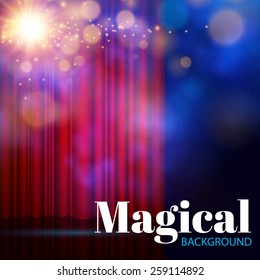 Spotlights on stage curtain with smoke & light. Vector illustration.