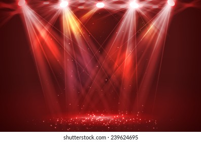 Spotlights on stage with smoke & light. Vector illustration.