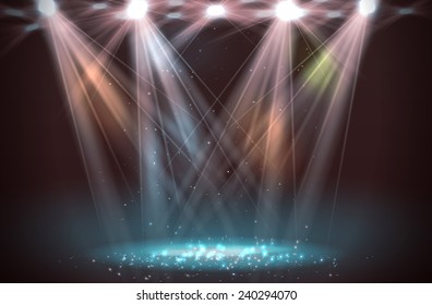 Spotlights on stage with smoke & light. Vector illustration.